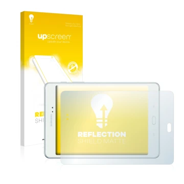 Front side of a product packaging with the brand logo upscreen. Next to it is the device Samsung Galaxy Tab A 8.0 shown with t