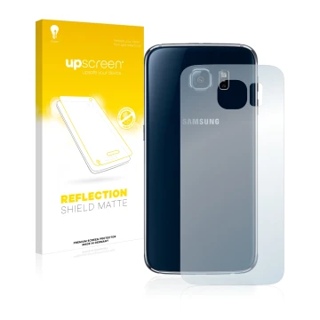 Front side of a product packaging with the brand logo upscreen. Next to it is the device Samsung SM-G920F (Back) shown with th