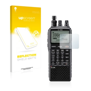 Front side of a product packaging with the brand logo upscreen. Next to it is the device Icom IC-R20 shown with the correspond