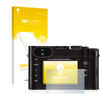 Front side of a product packaging with the brand logo upscreen. Next to it is the device Leica Q (Typ 116) shown with the corr