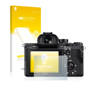 Front side of a product packaging with the brand logo upscreen. Next to it is the device Sony Alpha 7R II shown with the corre