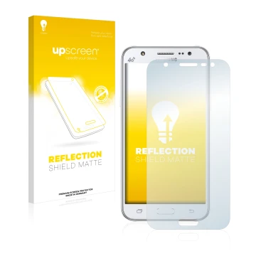 Front side of a product packaging with the brand logo upscreen. Next to it is the device Samsung Galaxy J5 2015 shown with the