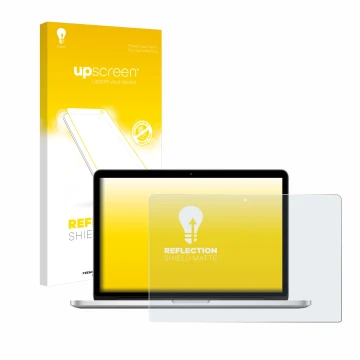 Front side of a product packaging with the brand logo upscreen. Next to it is the device Apple MacBook Retina Pro 13