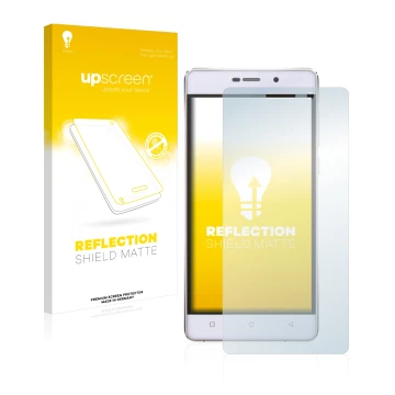 Front side of a product packaging with the brand logo upscreen. Next to it is the device Gionee Marathon M4 shown with the cor