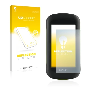 Front side of a product packaging with the brand logo upscreen. Next to it is the device Garmin Montana 610 shown with the cor