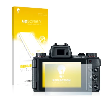 Front side of a product packaging with the brand logo upscreen. Next to it is the device Canon PowerShot G5 X shown with the c