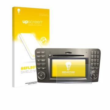Front side of a product packaging with the brand logo upscreen. Next to it is the device Mercedes-Benz Comand APS 2.5 shown wi