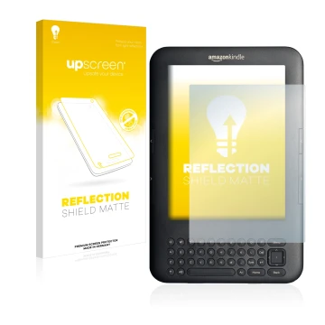 Front side of a product packaging with the brand logo upscreen. Next to it is the device Amazon Kindle 3 shown with the corres