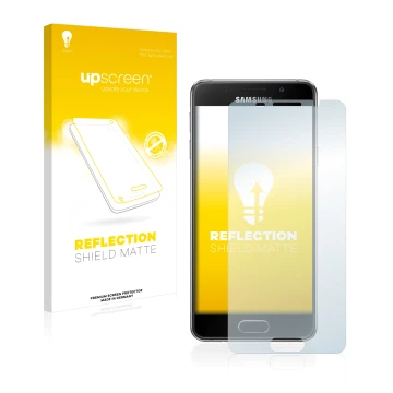 Front side of a product packaging with the brand logo upscreen. Next to it is the device Samsung Galaxy A3 2016 shown with the