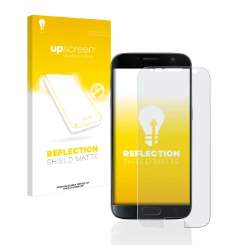 Front side of a product packaging with the brand logo upscreen. Next to it is the device Samsung Galaxy S7 shown with the corr