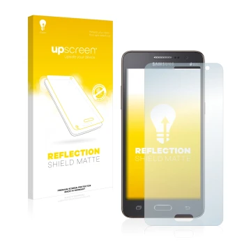 Front side of a product packaging with the brand logo upscreen. Next to it is the device Samsung Galaxy Grand Prime SM-G531F s