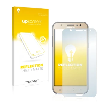 Front side of a product packaging with the brand logo upscreen. Next to it is the device Samsung Galaxy J7 2016 shown with the