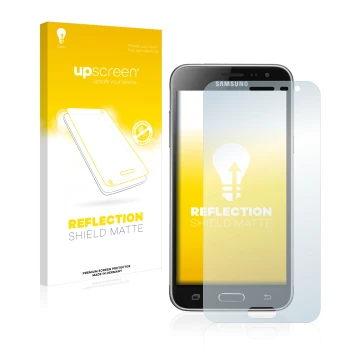 Front side of a product packaging with the brand logo upscreen. Next to it is the device Samsung Galaxy J3 Duos 2016 shown wit