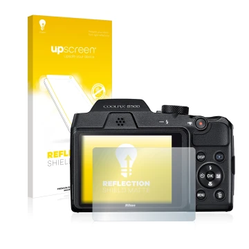 Front side of a product packaging with the brand logo upscreen. Next to it is the device Nikon Coolpix B500 shown with the cor