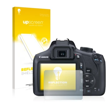 Front side of a product packaging with the brand logo upscreen. Next to it is the device Canon EOS 1300D shown with the corres