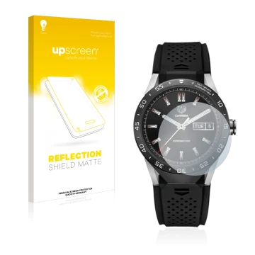Front side of a product packaging with the brand logo upscreen. Next to it is the device TAG Heuer Connected 46 shown with the