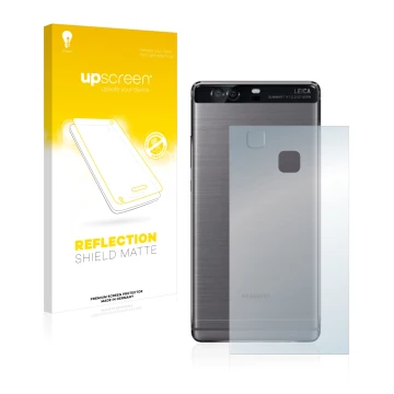 Front side of a product packaging with the brand logo upscreen. Next to it is the device Huawei P9 Plus (Back) shown with the 