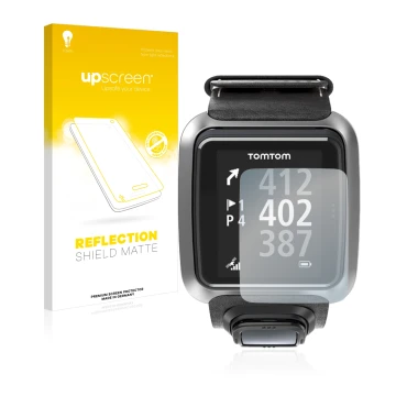 Front side of a product packaging with the brand logo upscreen. Next to it is the device TomTom Golfer 2 shown with the corres