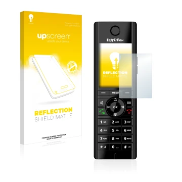 Front side of a product packaging with the brand logo upscreen. Next to it is the device AVM Fritz!Fon C5 shown with the corre