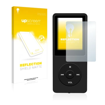 Front side of a product packaging with the brand logo upscreen. Next to it is the device AGPtek 8GB MP3-Player shown with the 