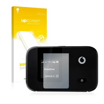 Front side of a product packaging with the brand logo upscreen. Next to it is the device Vodafone R215 WLAN Router shown with 