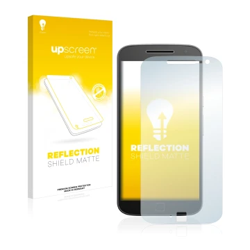 Front side of a product packaging with the brand logo upscreen. Next to it is the device Motorola Moto G4 Plus shown with the 