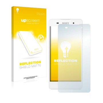 Front side of a product packaging with the brand logo upscreen. Next to it is the device Sony Xperia E5 shown with the corresp