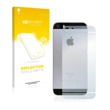 Front side of a product packaging with the brand logo upscreen. Next to it is the device Apple iPhone SE 2016 Back (entire sur