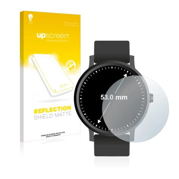 Front side of a product packaging with the brand logo upscreen. Next to it is the device Watches (Circular, ø: 53 mm) shown wi