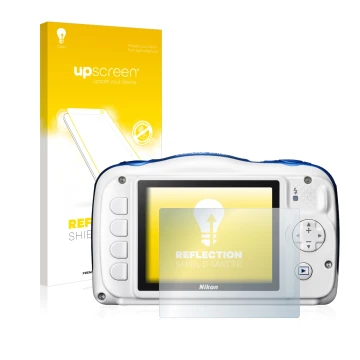 Front side of a product packaging with the brand logo upscreen. Next to it is the device Nikon Coolpix W100 shown with the cor