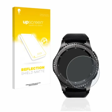 Front side of a product packaging with the brand logo upscreen. Next to it is the device Samsung Gear S3 Frontier shown with t