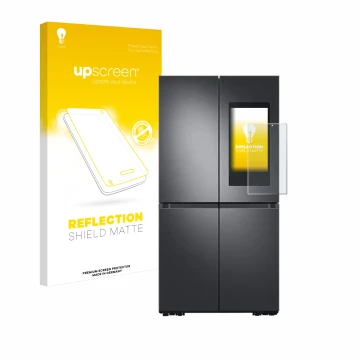 Front side of a product packaging with the brand logo upscreen. Next to it is the device Samsung Family Hub 21.5