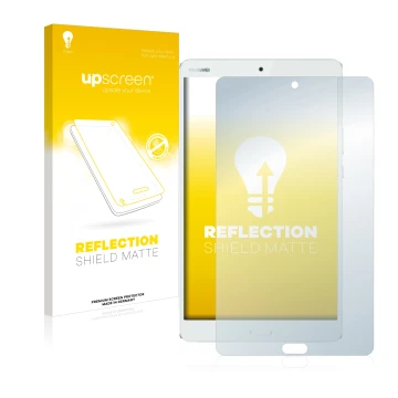 Front side of a product packaging with the brand logo upscreen. Next to it is the device Huawei MediaPad M3 8.4 shown with the