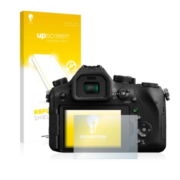 Front side of a product packaging with the brand logo upscreen. Next to it is the device Panasonic Lumix DMC-FZ2000 shown with