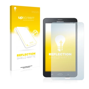 Front side of a product packaging with the brand logo upscreen. Next to it is the device Samsung Galaxy Tab A6 7.0 4G shown wi
