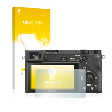 Front side of a product packaging with the brand logo upscreen. Next to it is the device Sony Alpha 6500 shown with the corres