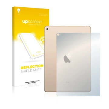 Front side of a product packaging with the brand logo upscreen. Next to it is the device Apple iPad Air 2 2014 (Back) shown wi