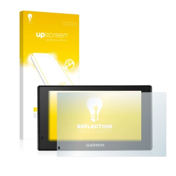 Front side of a product packaging with the brand logo upscreen. Next to it is the device Garmin DriveTrack 70LM shown with the