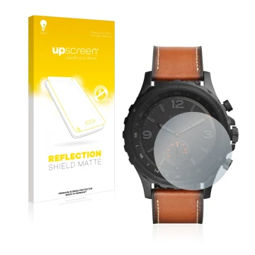 Front side of a product packaging with the brand logo upscreen. Next to it is the device Fossil Q Nate shown with the correspo