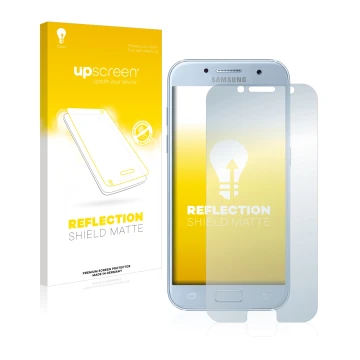 Front side of a product packaging with the brand logo upscreen. Next to it is the device Samsung Galaxy A5 2017 shown with the