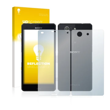 Front side of a product packaging with the brand logo upscreen. Next to it is the device Sony Xperia Z3 Compact D5803 (Front+B