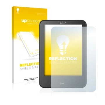 Front side of a product packaging with the brand logo upscreen. Next to it is the device Tolino Vision 4 HD shown with the cor