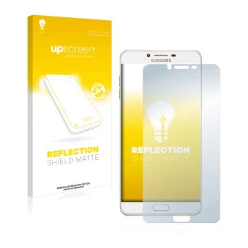 Front side of a product packaging with the brand logo upscreen. Next to it is the device Samsung Galaxy C9 Pro shown with the 