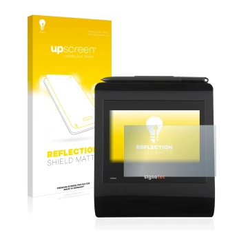 Front side of a product packaging with the brand logo upscreen. Next to it is the device Signotec Signature Pad Gamma shown wi
