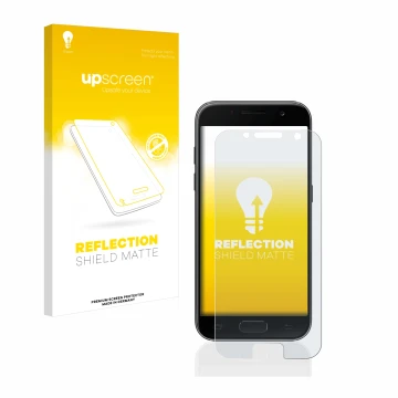 Front side of a product packaging with the brand logo upscreen. Next to it is the device Samsung Galaxy A3 2017 shown with the