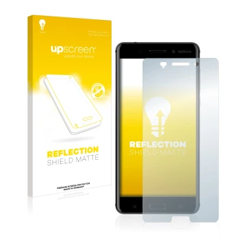 Front side of a product packaging with the brand logo upscreen. Next to it is the device Nokia 6 2017 shown with the correspon