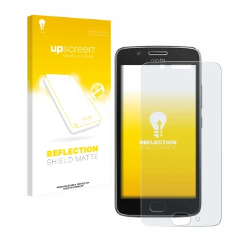 Front side of a product packaging with the brand logo upscreen. Next to it is the device Motorola Moto G5 shown with the corre