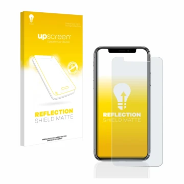 Front side of a product packaging with the brand logo upscreen. Next to it is the device Apple iPhone X shown with the corresp