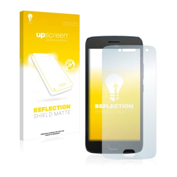 Front side of a product packaging with the brand logo upscreen. Next to it is the device Motorola Moto G5 Plus shown with the 