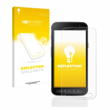Front side of a product packaging with the brand logo upscreen. Next to it is the device Samsung Galaxy XCover 4 shown with th